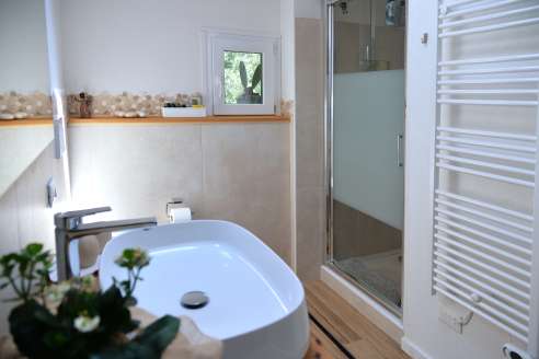 Immagine del bagno con il lavandino a sinistra e parte della doccia sulla destra