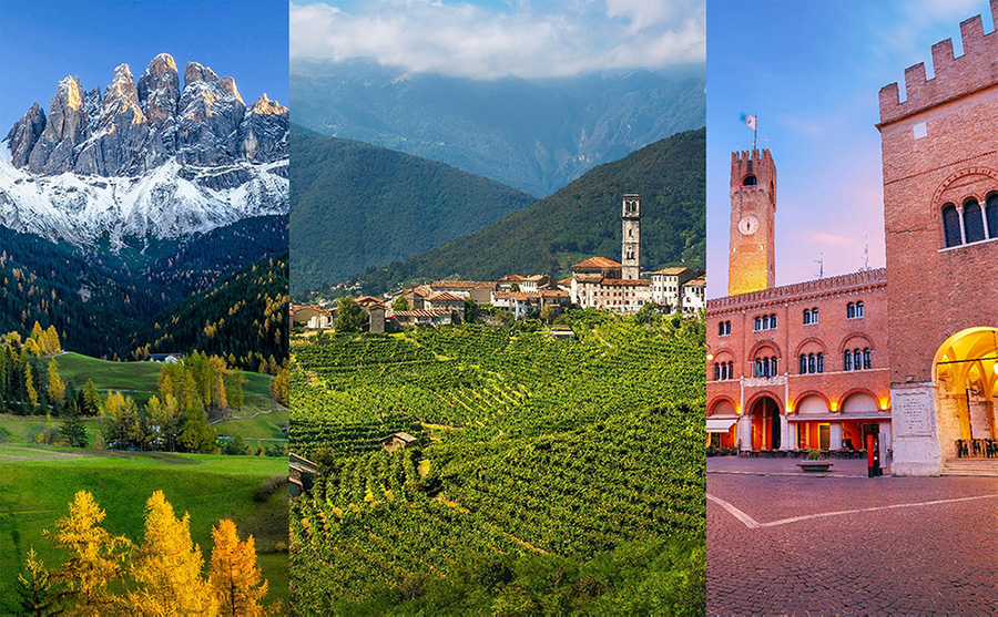 Immagini delle montagne Dolomiti, al centro colline del Prosecco di Conegliano-Valdobbiadene (San Pietro di Barbozza) e a destra foto del centro di Treviso con Palazzo dei Trecento e Piazza della Signoria